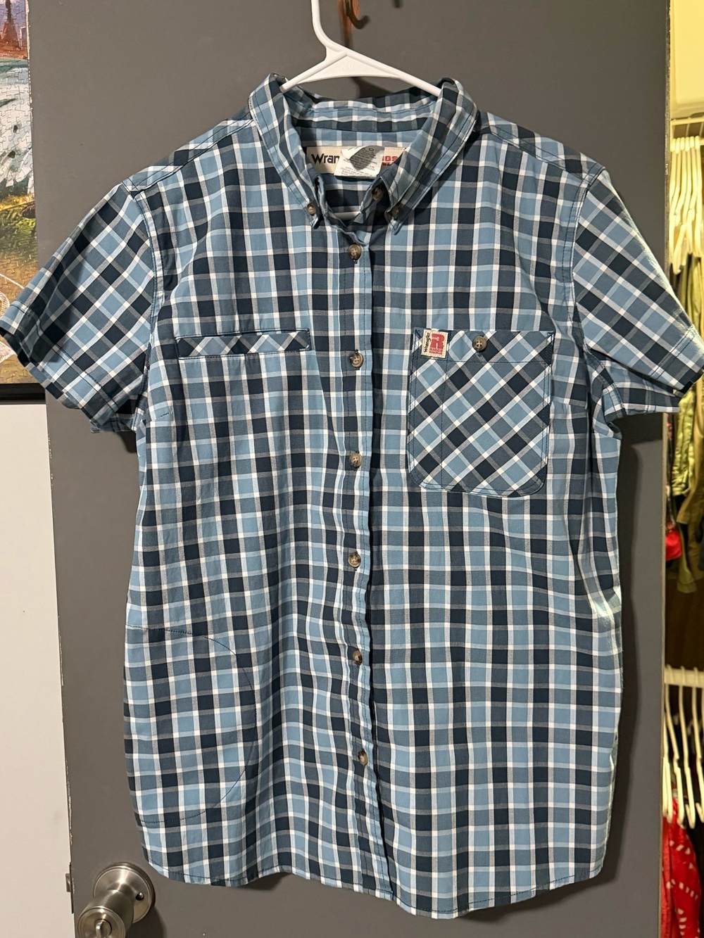 Wrangler Blue and White Plaid Short-Sleeve Button-Down
